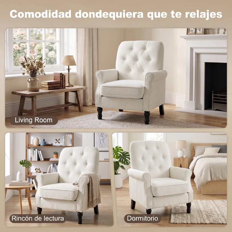 HOMCOM Sofá Individual Tapizado en Lino Asiento Acolchado Grueso Respaldo Capitoné Patas de Madera Maciza Crema