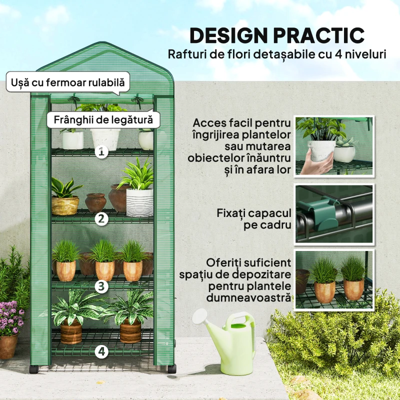 Outsunny Sera Portabilă, Seră pentru Plante, Flori, Structură Exterioară cu 4 Rafturi, Acoperire PE, Verde