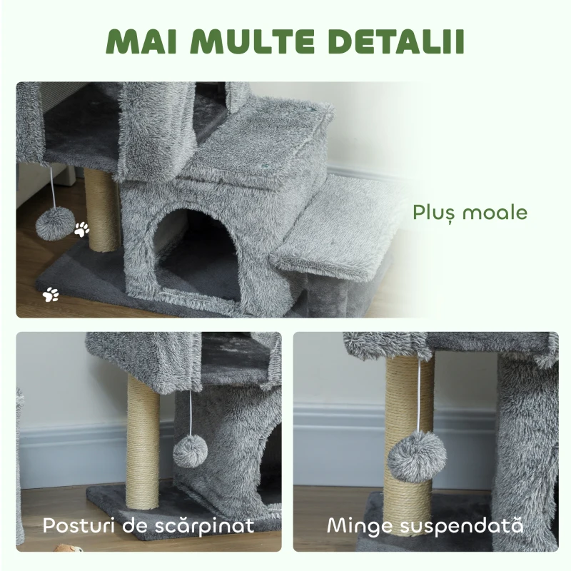 PawHut Scară pentru Pisici cu 4 Trepte Reglabilă pe Înălțime, cu 2 Căsuțe, Stâlp de Zgâriat și Biluță, Gri