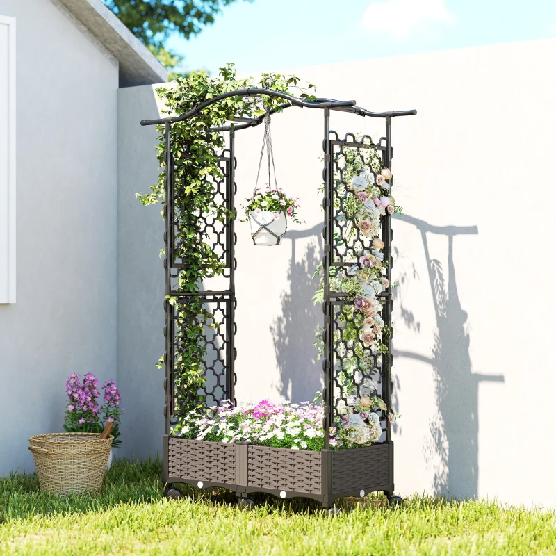 Outsunny Raised Garden Bed with Arch Trellis, Raised Bed for Garden on Wheels with Side Trellis, Self Watering Planter Box