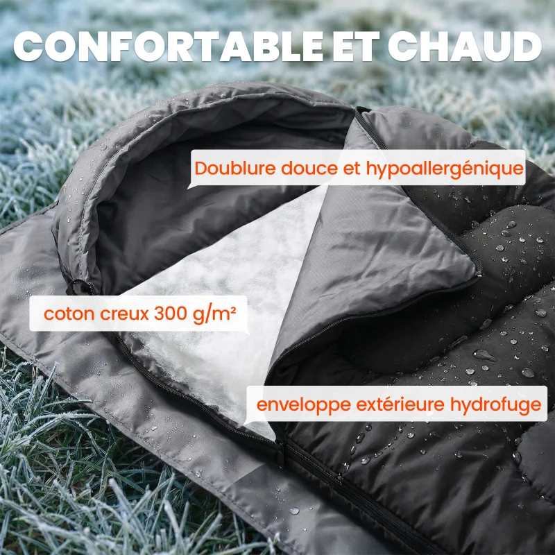 Outsunny Sac de Couchage Adulte, avec Section Tête, Fermeture Éclair et Sac de Rangement, 300 g/m², 215x75x10cm, Noir
