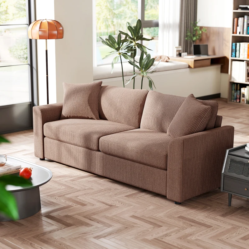 HOMCOM 3 Seater Sofa, 212cm Corduroy Couch with Spring Cushion, Wide and Deep Seat, Plush Backrest, 2 Pillows, Sofa Settee for Living Room, Home Office, Coffee