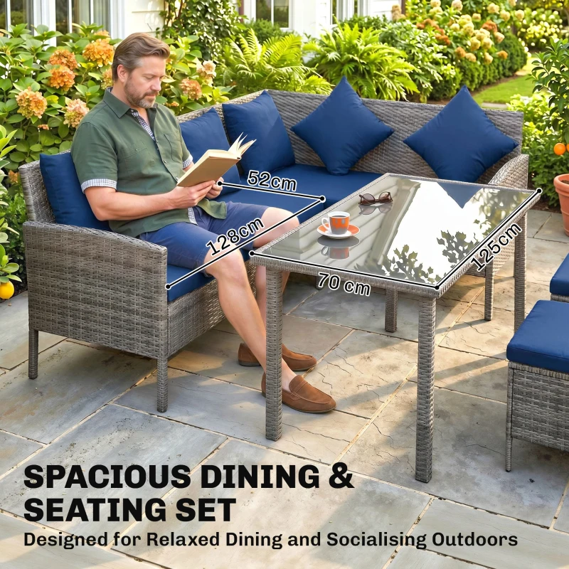 Outsunny 5 Pieces Rattan Garden Furniture Set with Dining Table, Cushions - Dark Blue