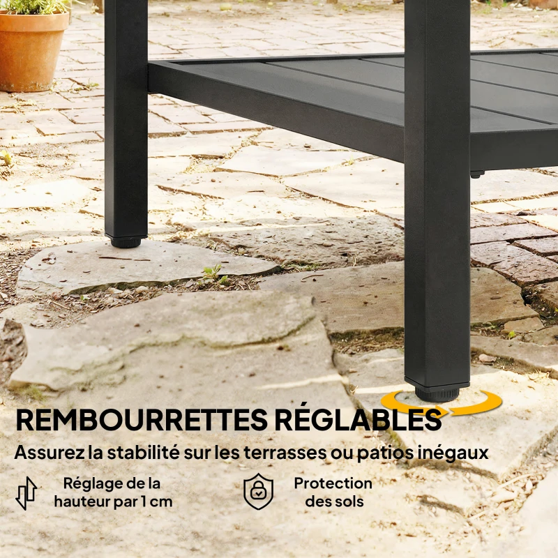 Outsunny Table basse extérieure à 2 niveaux en métal, table de jardin carrée avec étagère de rangement, 45 x 45 x 54 cm, noir