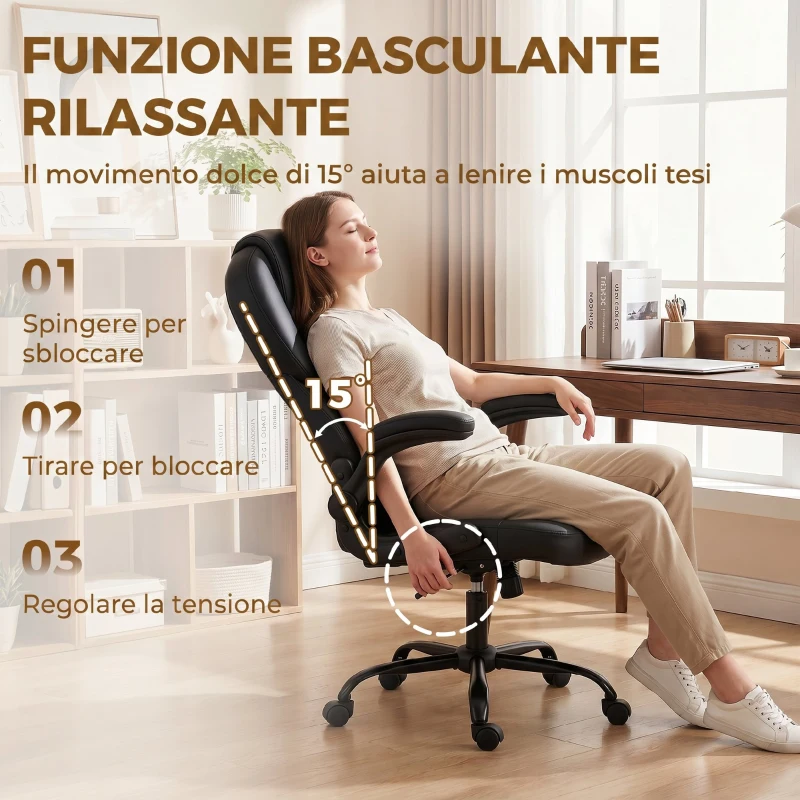 HOMCOM Sedia Ufficio Girevole, Funzione Dondolo, Braccioli Ribaltabili, Schienale Alto, Altezza Regolabile, Nero