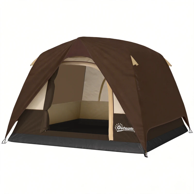 Outsunny 3-4 Person Camping Tent, Easy Set Up 3-4 Man Tent w/ Sewn-in Groundsheet, Waterproof Dome Tent w/ Mesh Windows, Brown