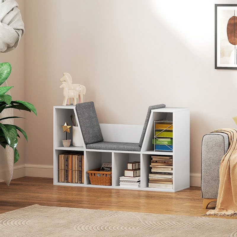 HOMCOM Bücherregal mit Sitzfläche, 6 Fächer, gepolstert, 105 x 30 x 63 cm, Weiß