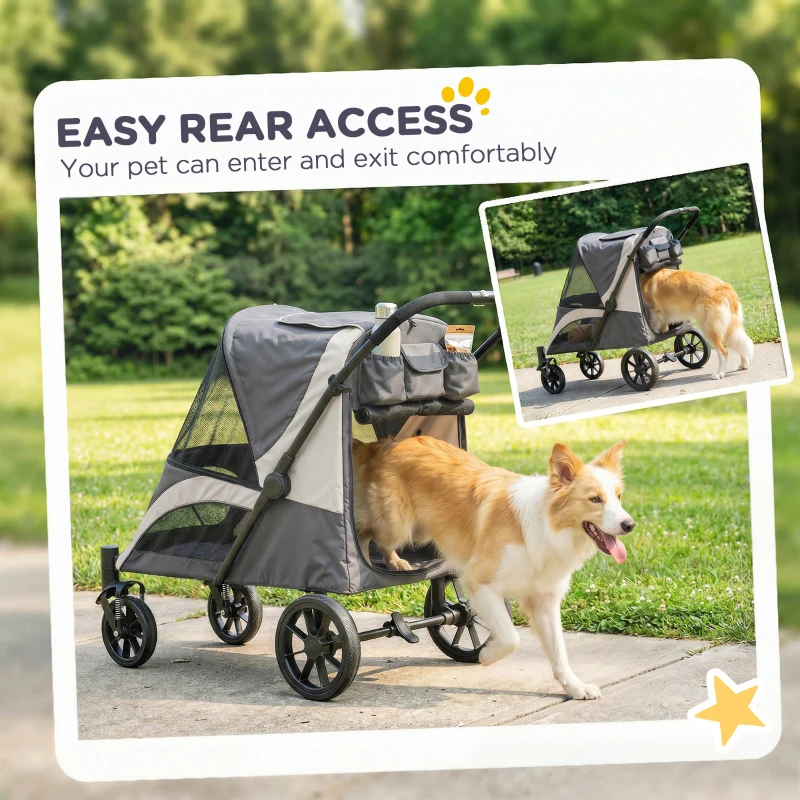 PawHut Foldable Pet Stroller for Medium Dogs with 4 Big Wheels, Shock-Absorbing Frame, Safety Leashes, Brakes, Dark Grey