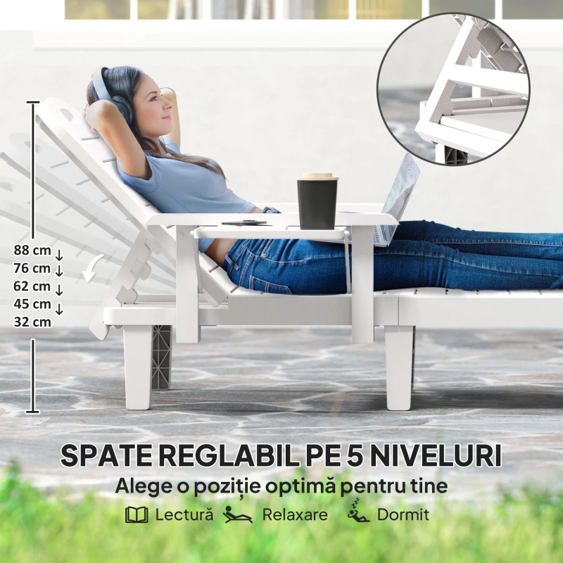 Outsunny Set 2 Șezlonguri cu Spătar Reglabil în 5 Poziții, Măsuță și Brațe Ergonomice, 79x158x88 cm, Alb