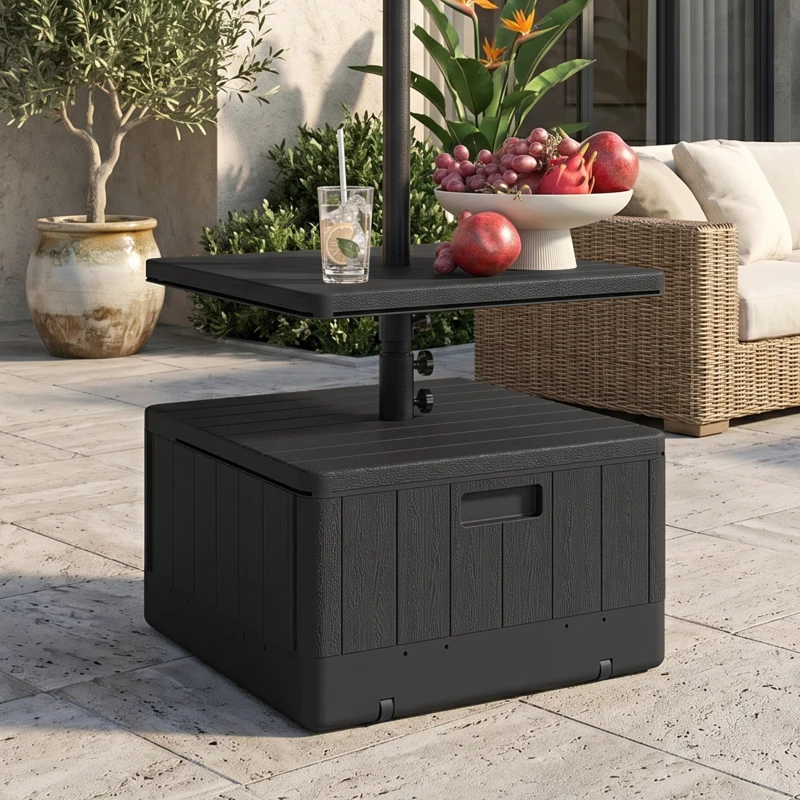 Outsunny Pied de parasol carré avec plateau de table, support parasol en HDPE à roues, remplissage eau sable 53 x 53 x 45 cm noir
