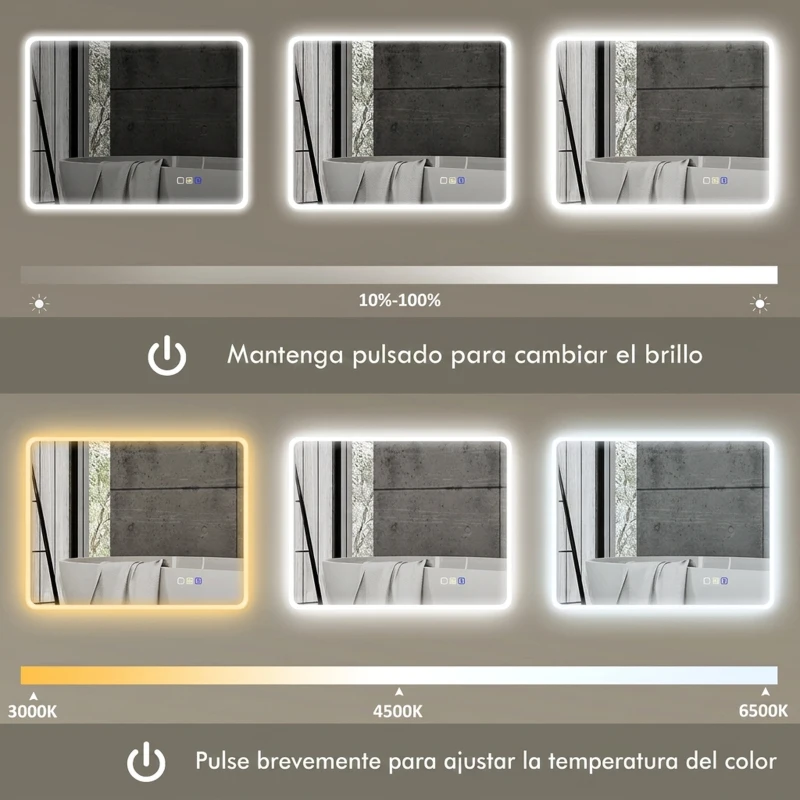 HOMCOM Espejo de Baño con Luz LED 90x70 cm con Bluetooth 3 Colores de Luz Función Antivaho Función de Memoria IP44