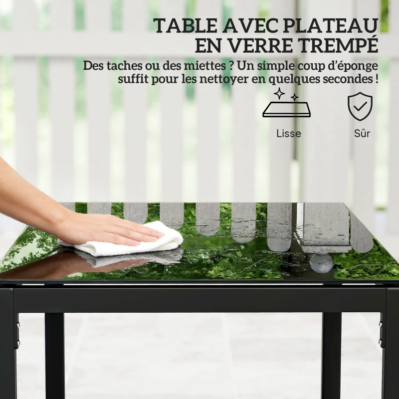 Outsunny Salon de jardin extérieur en résine tressée 2 personnes, table de jardin avec 2 chaises, plateau en verre trempé, noir