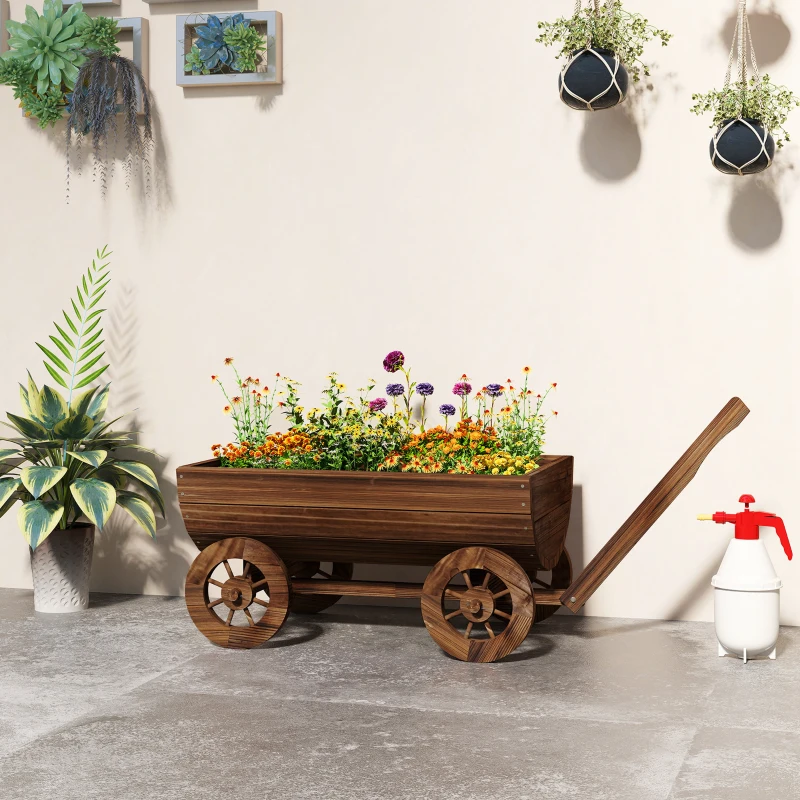 Outsunny Carrito de Madera con 4 Ruedas y Mango Jardinera Exterior con Orificio de Drenaje 115x40x54,5 cm Carbonizado