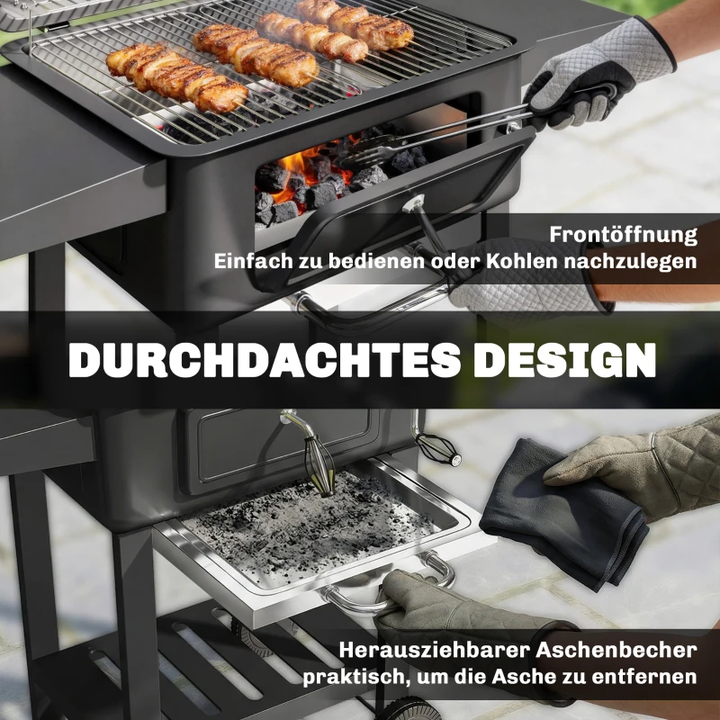 Outsunny Holzkohlegrill BBQ Smoker mit Deckel Thermometer höhenverstellbar Kohlepfanne Kamin Grillrost Seitentisch Aschefach