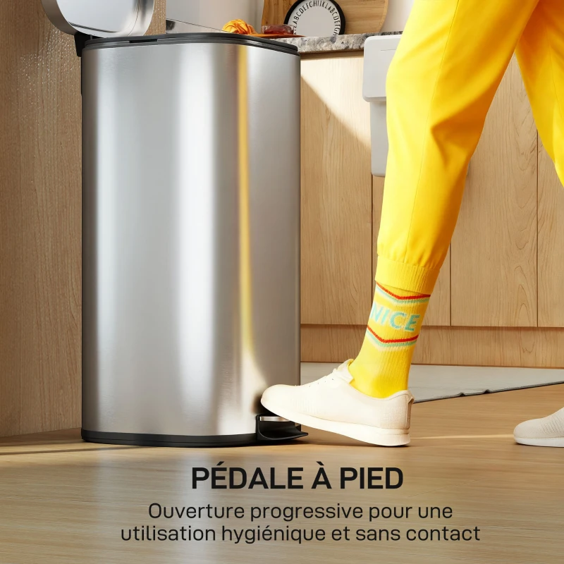 HOMCOM Poubelle cuisine 30L, poubelle à pédale avec seau intérieur amovible, couvercle à fermeture douce, 29x36x59,5cm, argent