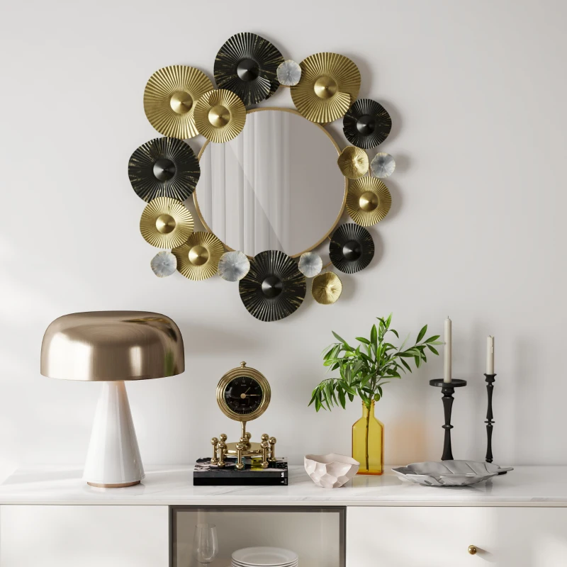 HOMCOM Adorno de Pared Metálico con Espejo Decorativo para Salón Dormitorio Pasillo 84x84 cm Dorado y Negro