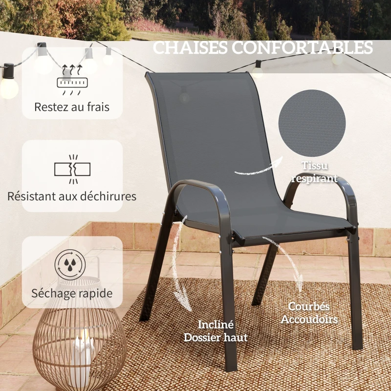 Outsunny 3 pièces salon de jardin extérieur ensemble de meubles 2 fauteuils empilables table basse dessus verre trempé gris foncé