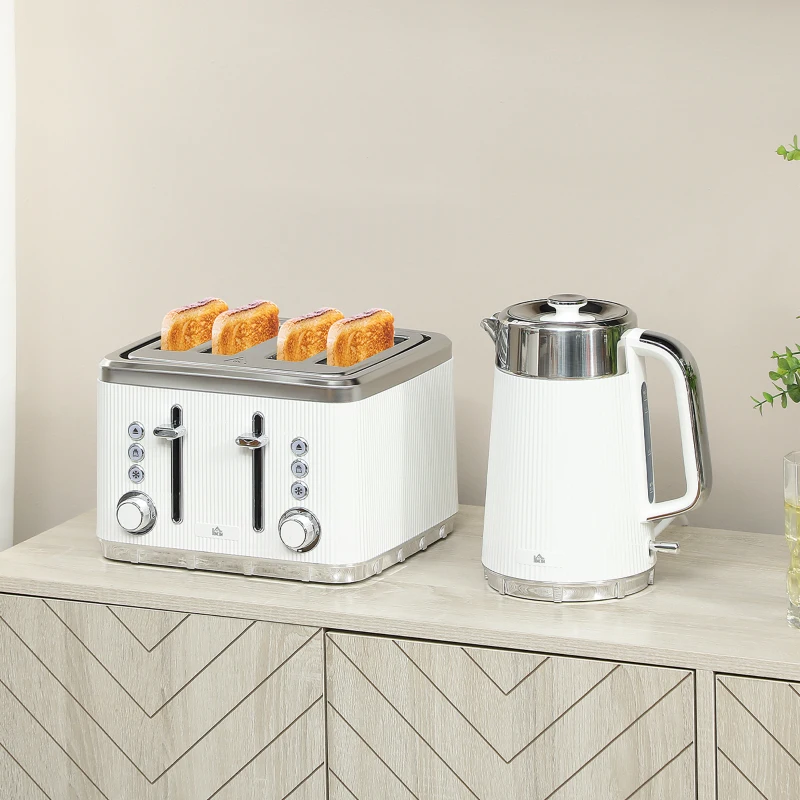 HOMCOM Electric Stainless Steel Kettle and Toaster Set, 3000W 1.7L UK Strix Thermostat Fast Boil Kettle w/ Limescale Filter, Cool Touch Body, 4 Slice Toaster with 7 Browning Levels, White