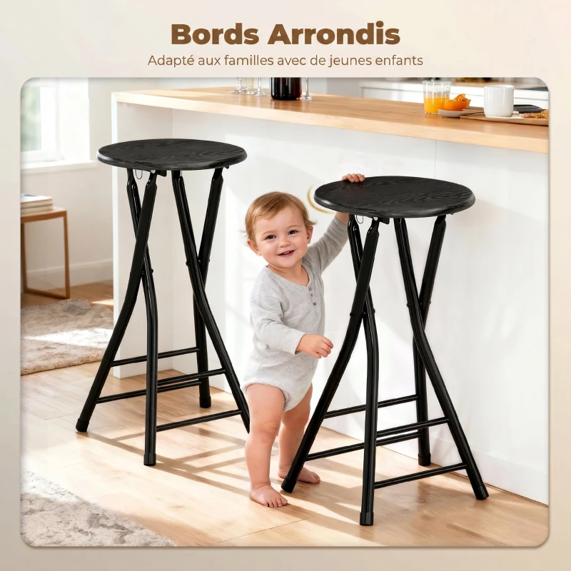 HOMCOM Lot de 2 Tabourets de Bar Pliables, Chaises de Bar Ronds avec Double Repose-Pieds, Cadre en Acier, Noir