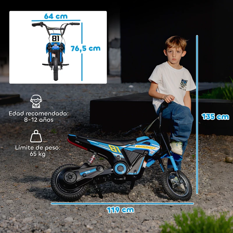 AIYAPLAY Moto Eléctrica para Niños 24V con Motor 250W Velocidad de 6-16km/h Ruedas de 12'' para Niños de 8-12 Años Azul