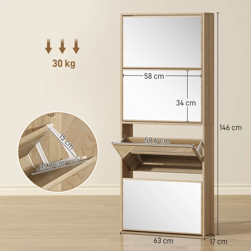 HOMCOM Dulap cu Oglindă și 4 Uși Rabatabile pentru Pantofi, 63x17x146 cm, Culoare Lemn