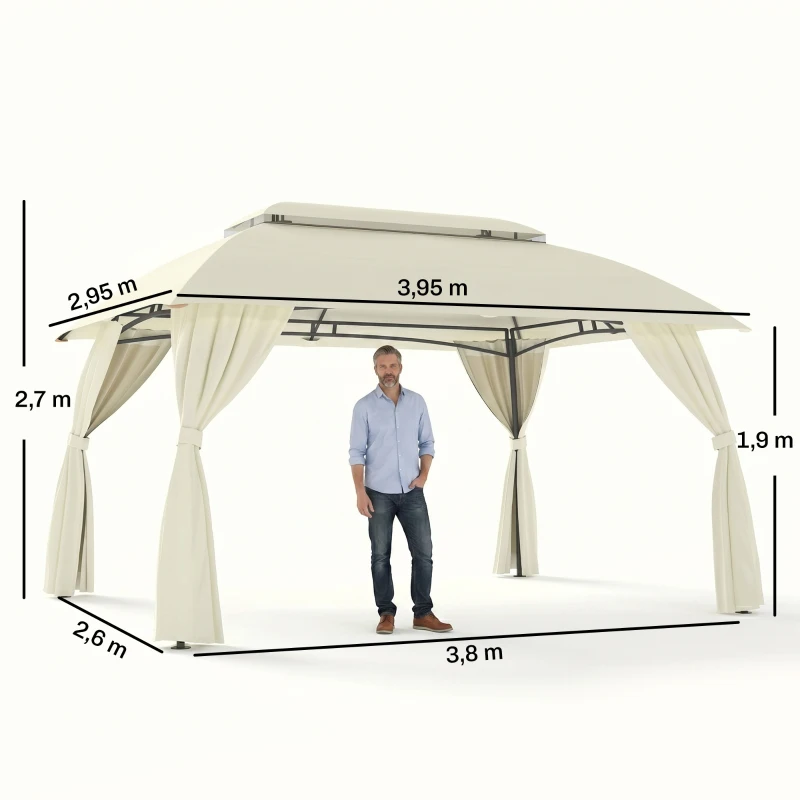 Outsunny Cenador de Jardín 4x3 m Pabellón de Exterior con Doble Techo 4 Cortinas Laterales 4 Mosquiteras con Cremalleras y Marco de Acero Gazebo para Fiestas Eventos Beige