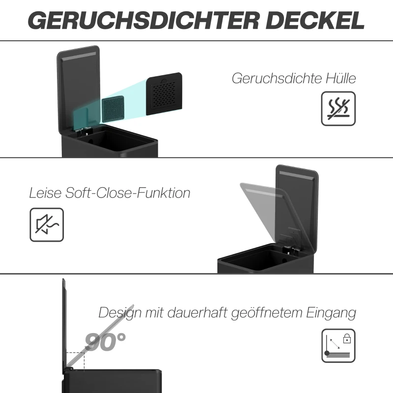 HOMCOM Mülleimer 20L, Soft-Close-Deckel, Deodorant-Fach, Fingerabdrucksicher, Edelstahl, Schwarz
