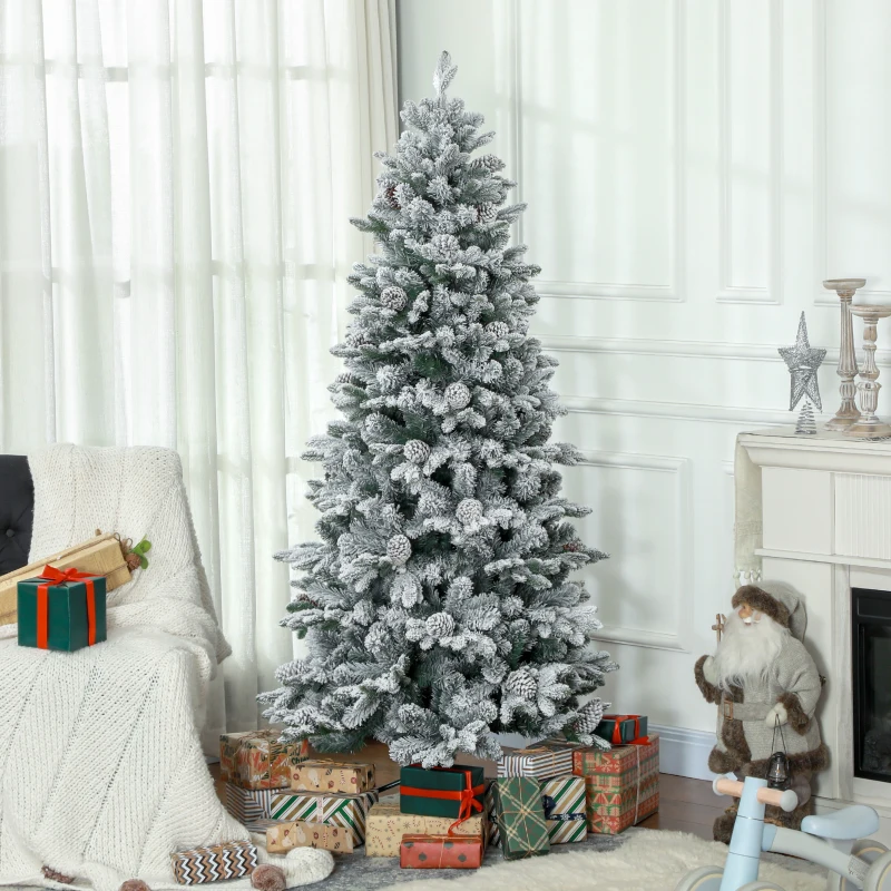 HOMCOM Künstlicher Weihnachtsbaum, Kunstschnee & Tannenzapfen, realistisch, flammhemmend, Metallfuß, 183 cm, Grün