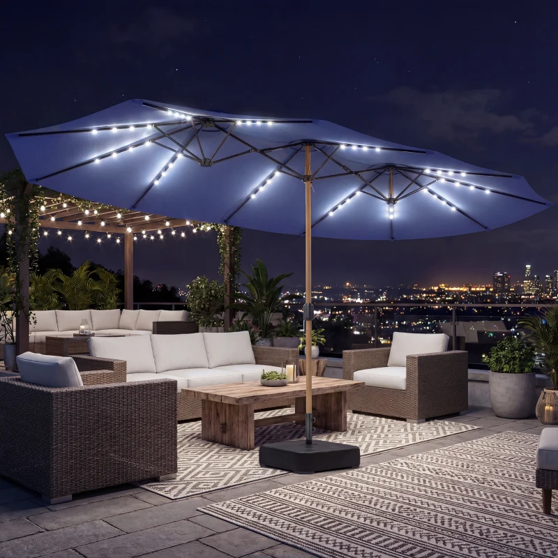 Outsunny Double Sided Garden Parasol with Base Included & 48 Solar LED Lights Patio Umbrella Crank Handle 4.6m Dark Blue