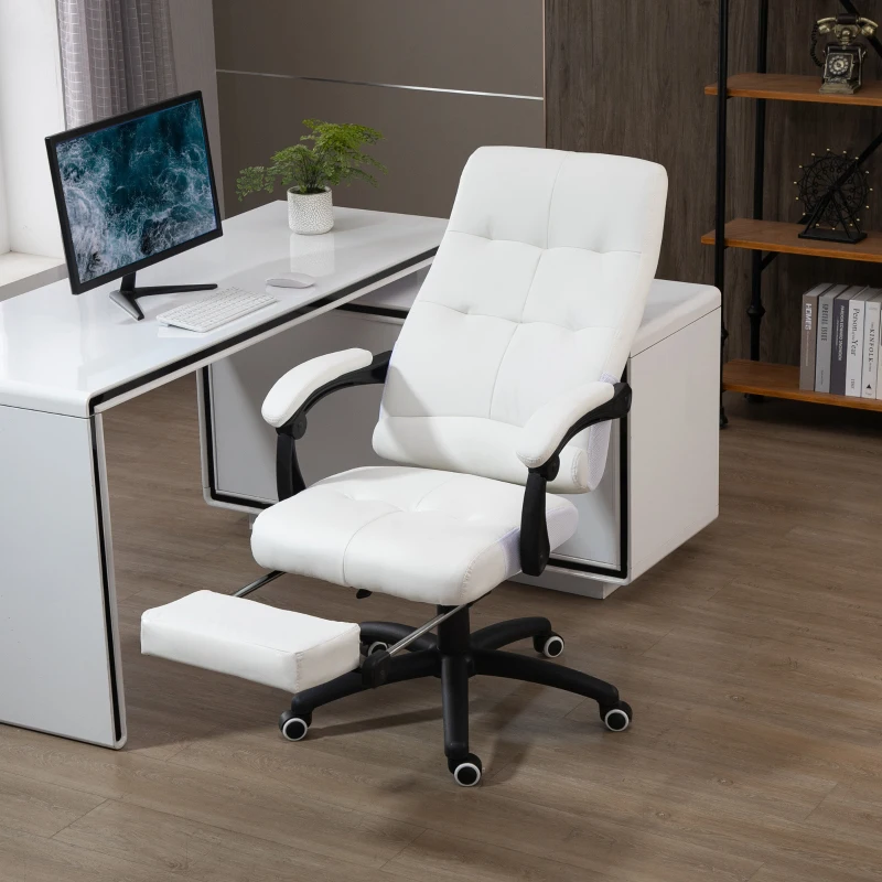 Vinsetto Silla de Oficina Giratoria Silla de Escritorio Reclinable Silla de Estudio Tapizada de PU con Altura Ajustable Reposabrazos Reposapiés 65x65x118-125 cm Blanco