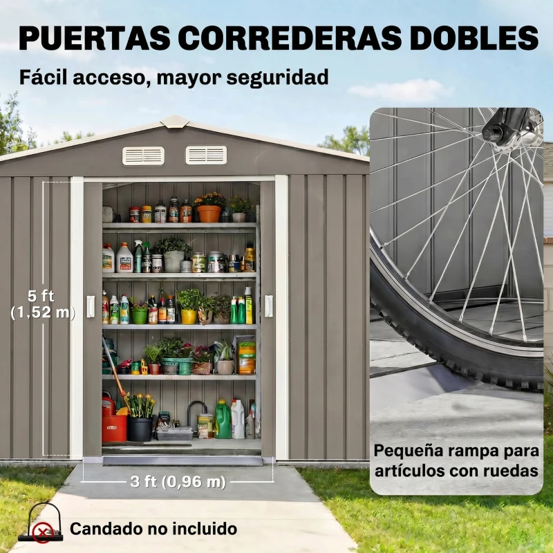Outsunny Cobertizo de Jardín 4,9 m² 277x195x192 cm con 2 Puertas Corredizas Base Refuerzo (Suelo NO Incluido) Gris