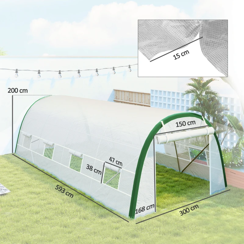 Outsunny Serre de Jardin Tunnel 18 m² dim. 6L x 3l x 2H m - 8 fenêtres, Porte zippée Enroulable, Acier galvanisé, bâche PE, Blanc