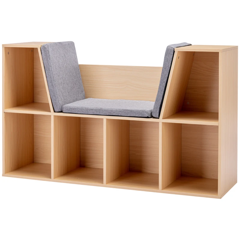 HOMCOM 2-em-1 Estante infantil Estante + Banco com acolchoado incl. almofadas 103 cm × 30 cm × 62 cm Branco + Cinza