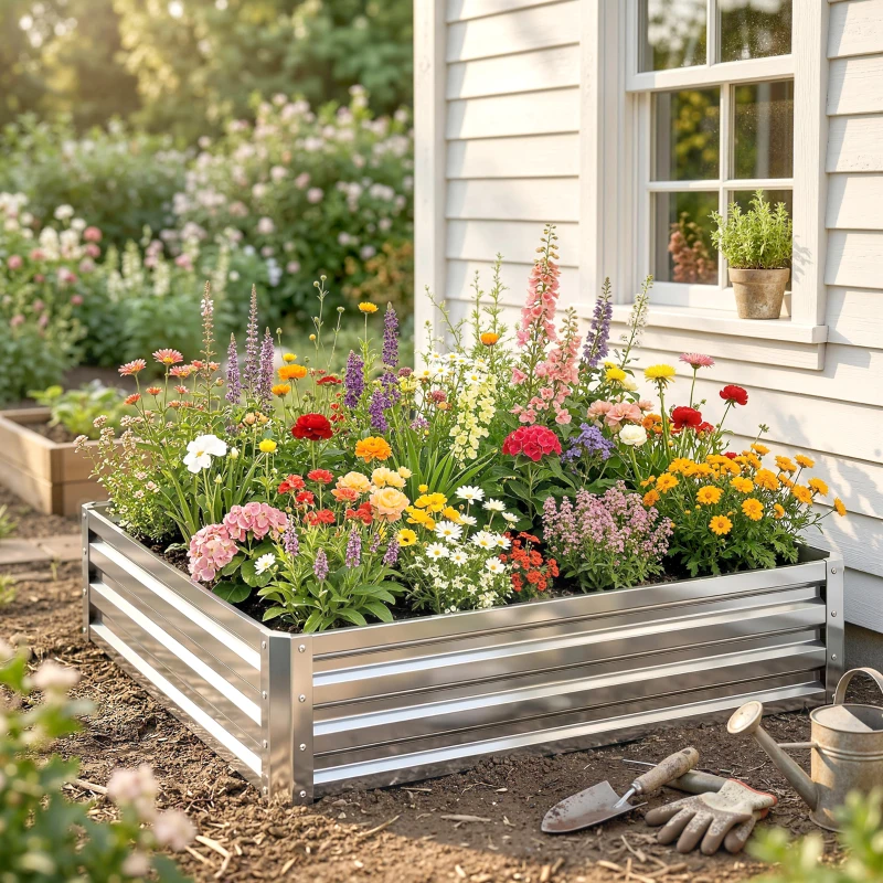 Outsunny Gartenbeet, Pflanzkasten mit Stahlgehäuse, Silber, 120 x 120 x 30 cm