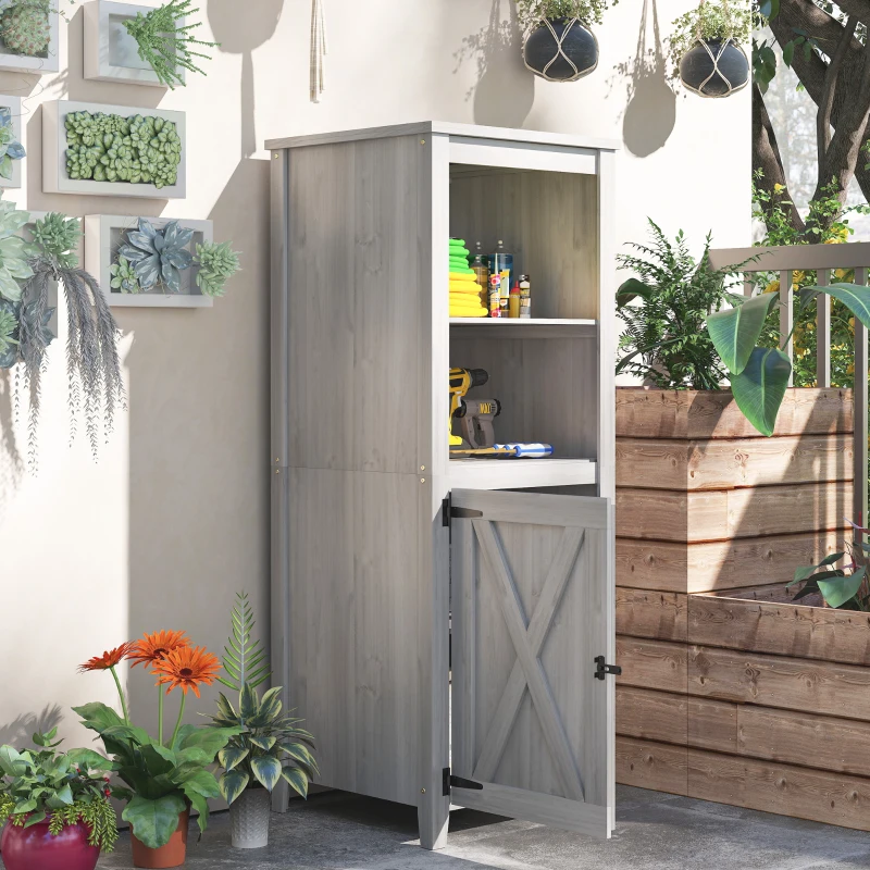 Outsunny Gartenschuppen mit Scheunentür, verstellbare Regale, schlankes Design, Tannenholz, Hellgrau(m-10)