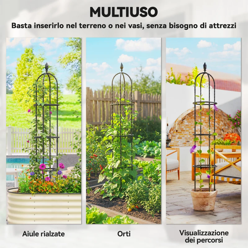 Outsunny Set 2 Supporti per Piante Rampicanti Alti 1.7 m in Acciaio Antiruggine con Decorazioni, Nero