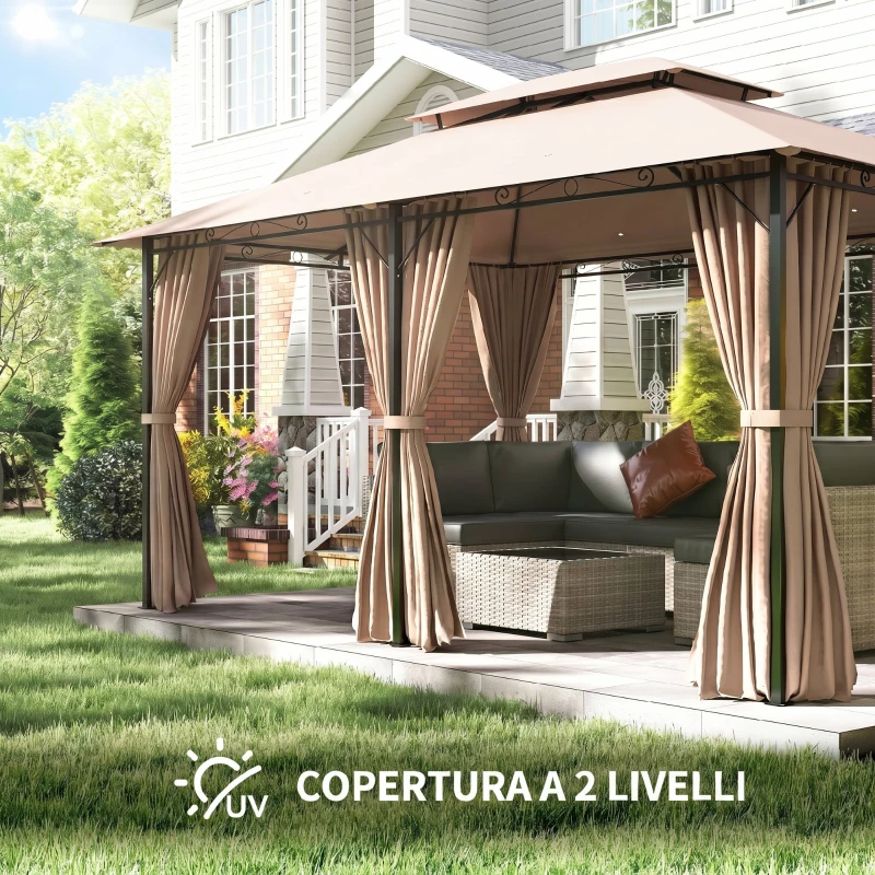 Outsunny Gazebo da Giardino 4x3m con Doppio Tetto e Tende Laterali in Acciaio e Poliestere, Color Cachi