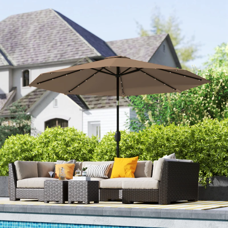 Outsunny Sombrilla de Jardín Ø265 cm con 32 Luces LED Solares Manivela y Poste de Acero para Patio Terraza Caqui