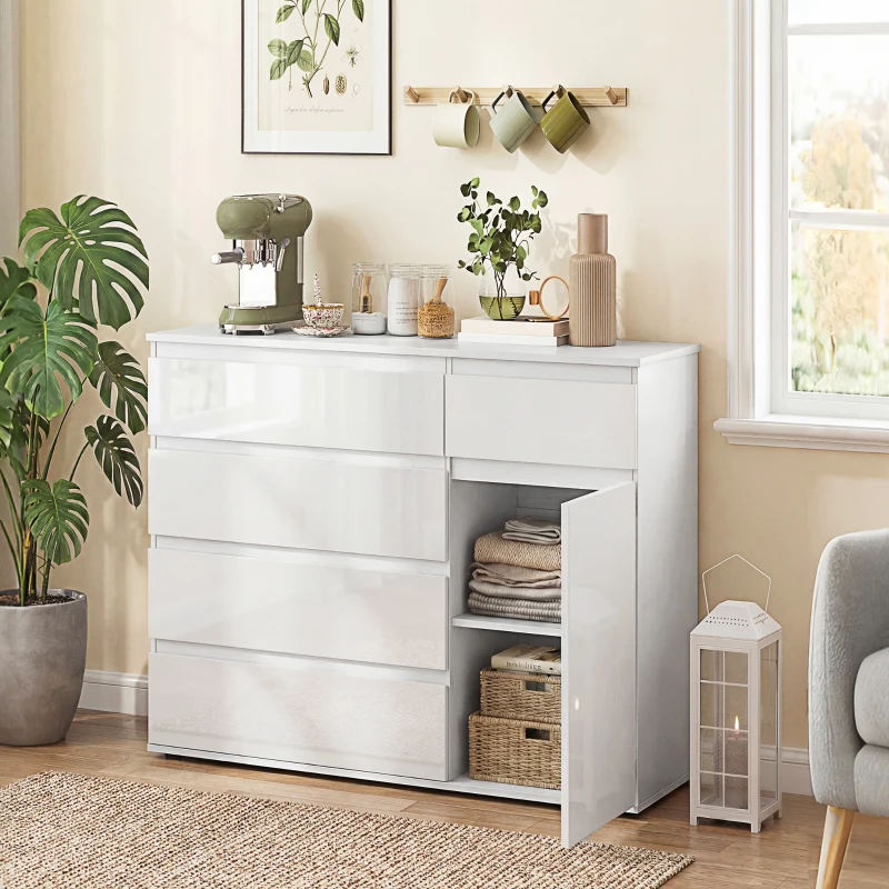 HOMCOM Modernes Sideboard, Stauraum-Sideboard mit 5 Schubladen, verstellbarem Regal, Soft-Close-Tür, Weiß Hochglanz