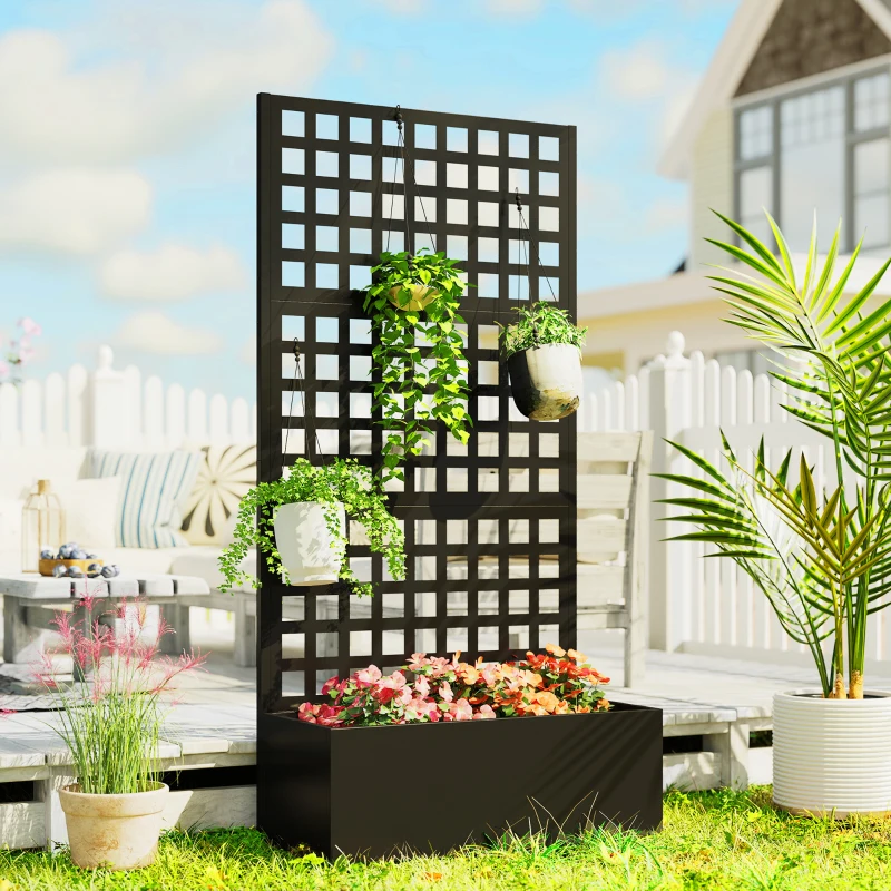 Outsunny Jardinière avec treillis, brise-vue, lit surélevé de jardin acier galvanisée, pour plantes grimpantes, 89x40x178cm, noir