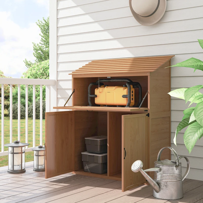 Outsunny Garten-Aufbewahrungsschrank mit ausklappbarem Tisch, Werkzeugschrank mit Dach, 110 x 54 x 136 cm, Tannenholz, Braun(m-10)