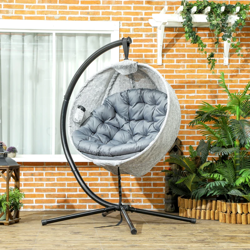 Outsunny Hanging Egg Chair Outdoor Indoor Garden Swing Chair with Folding Basket, Thickened Cushion, Cup Holder for Patio, Balcony, Grey