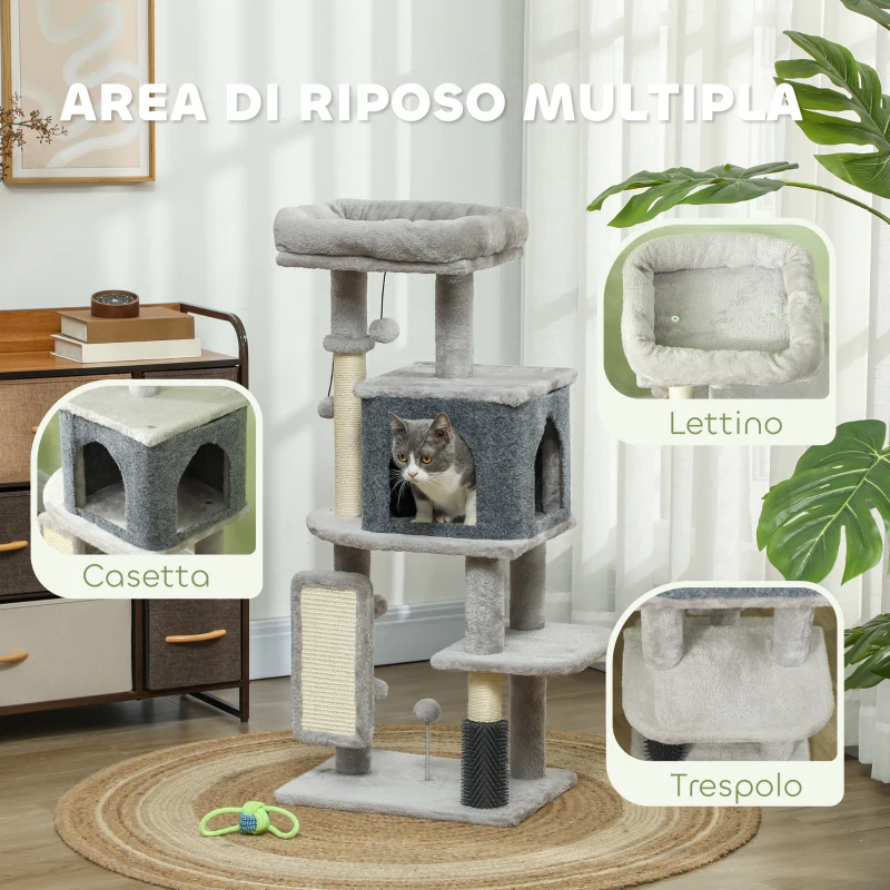 PawHut Albero per Gatti Multilivello Alto 104 cm con Casetta, Lettino, Pali Tiragraffi, Spazzola e Pallina, Grigio
