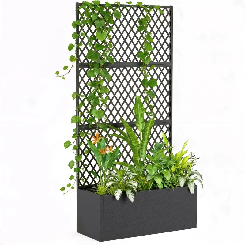 Outsunny Metall-Hochbeet mit Spalier, Pflanzkasten für draußen mit Diamantgitter-Sichtschutz für Blumen