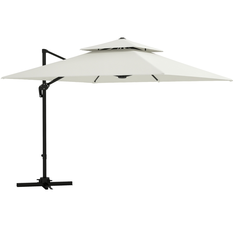 Outsunny Parasol déporté carré 3 x 3 m double toit inclinable pivotant manivelle lestage inclus métal polyester beige