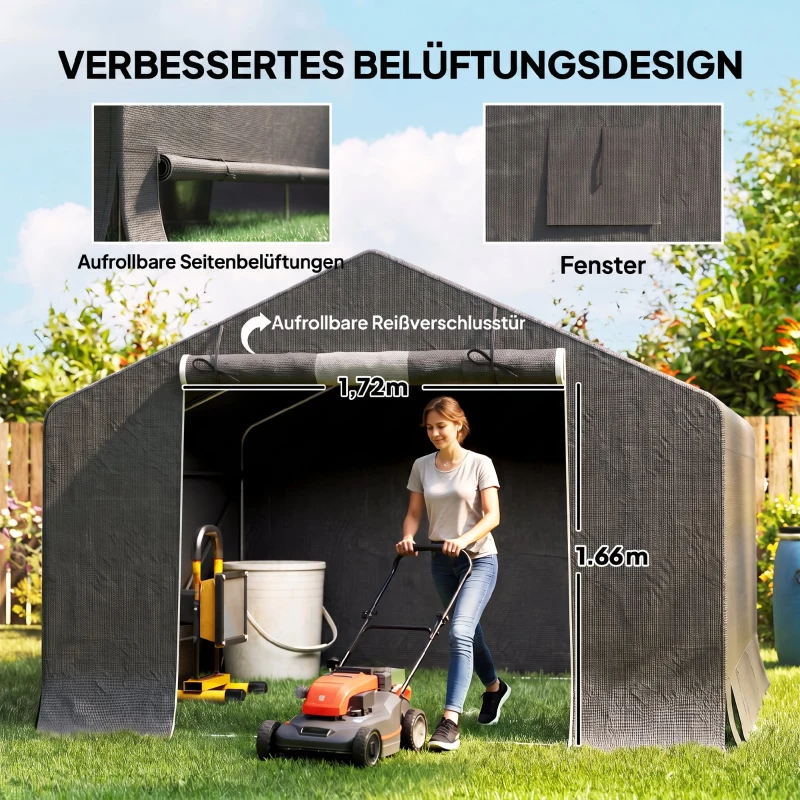 Outsunny Tragbarer Gartenschuppen, Fahrradzelt, Rolltür mit Reißverschluss, Metallrahmen, vielseitige Aufbewahrung, Dunkelgrau