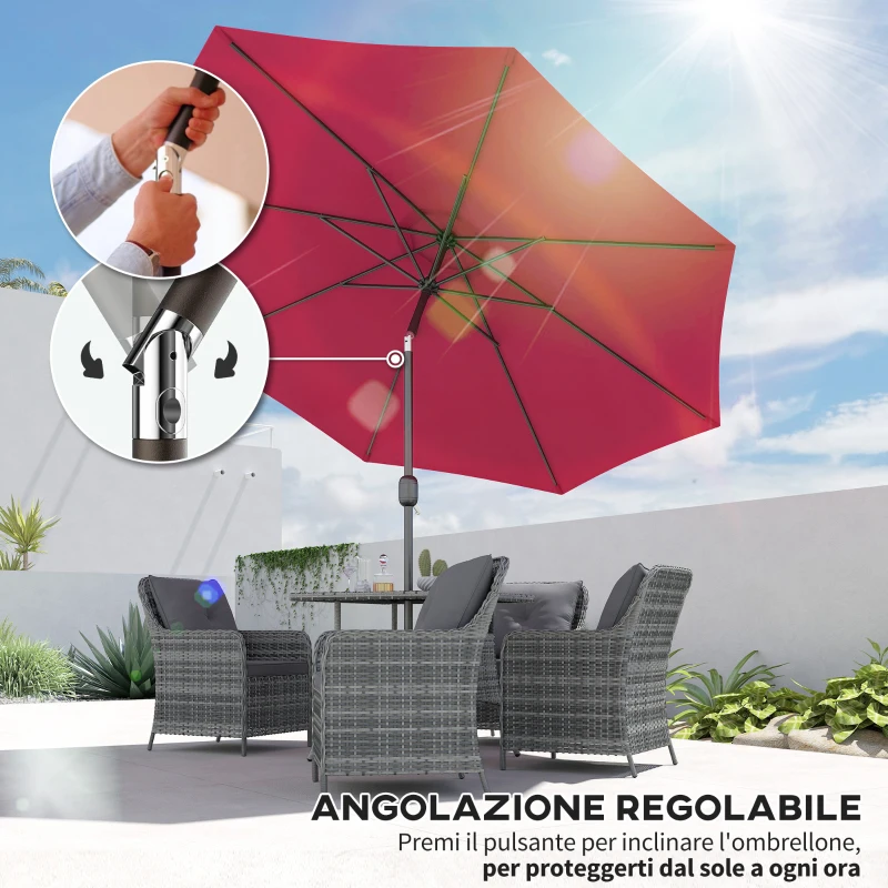 Outsunny Ombrellone da Giardino 3x2.5 m Inclinabile con Palo Smontabile, in Metallo e Poliestere Rosso Scuro