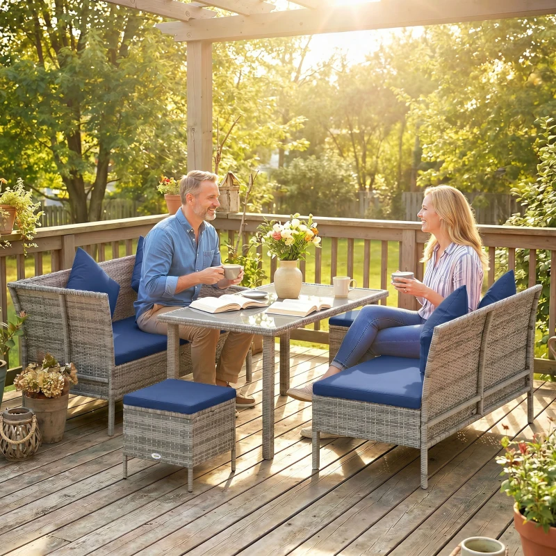 Outsunny 5 Pieces Rattan Garden Furniture Set with Dining Table, Cushions - Dark Blue