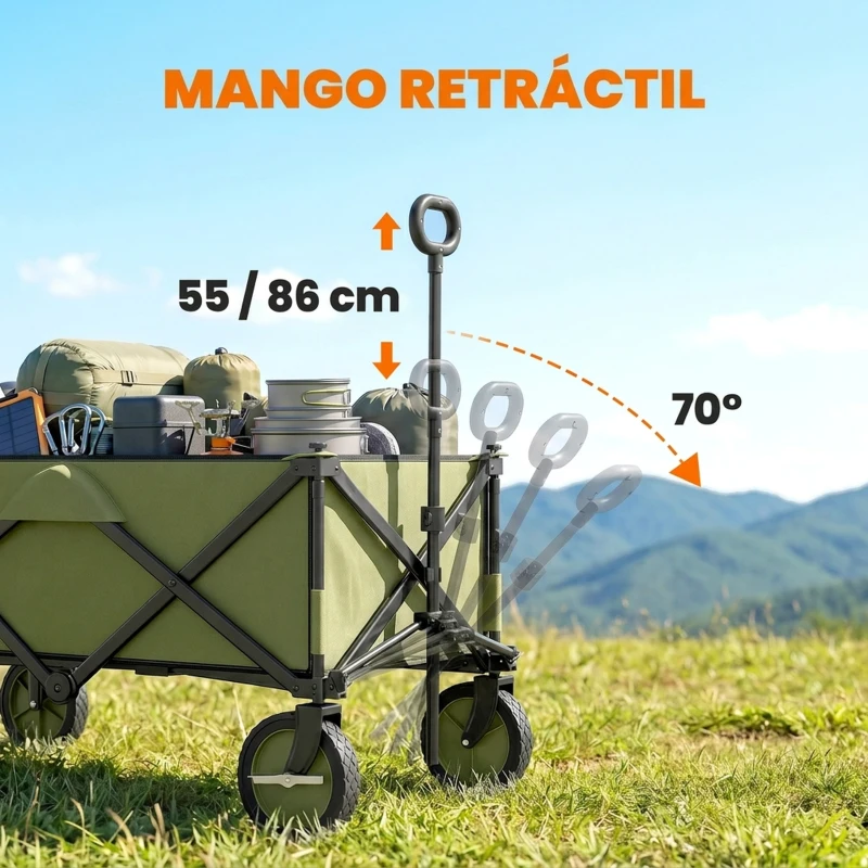 Outsunny Carro Plegable de Transporte con Mango Telescópico Tablero Plegable y 5 Bolsillos para Jardín 108x55x93 cm Verde