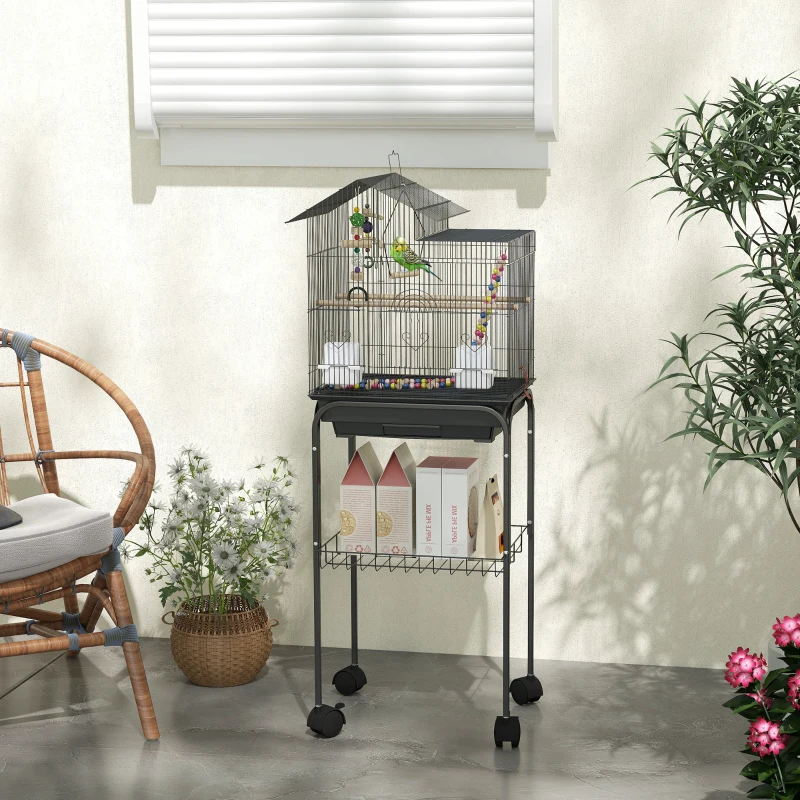 PawHut Gabbia per Uccelli con Piedistallo, Ruote Girevoli, Ripiano e Accessori, 46x36x120 cm, Nero